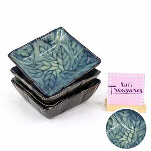 Roscher NEW PORT Black Green Leaves Square Stoneware Soup Cereal Bowls Set of 4